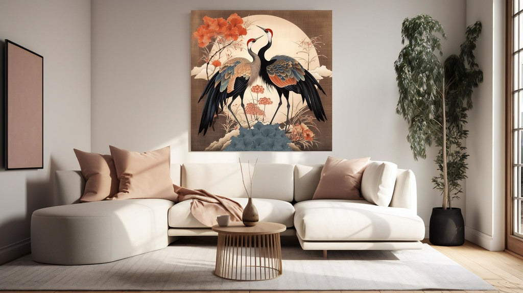 Schilderij kraanvogel woonkamer