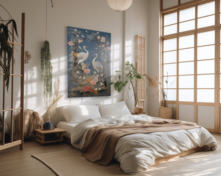 Schilderij kraanvogels slaapkamer