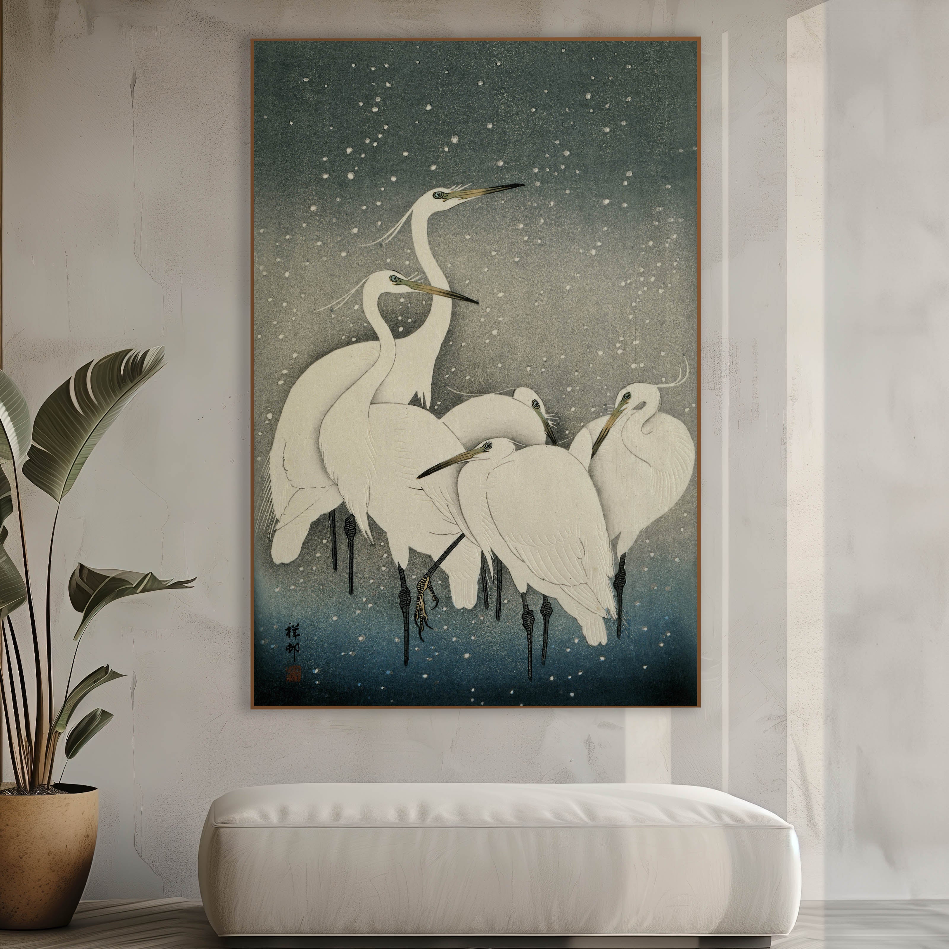 Groep zilverreigers in de sneeuw wanddecoratie