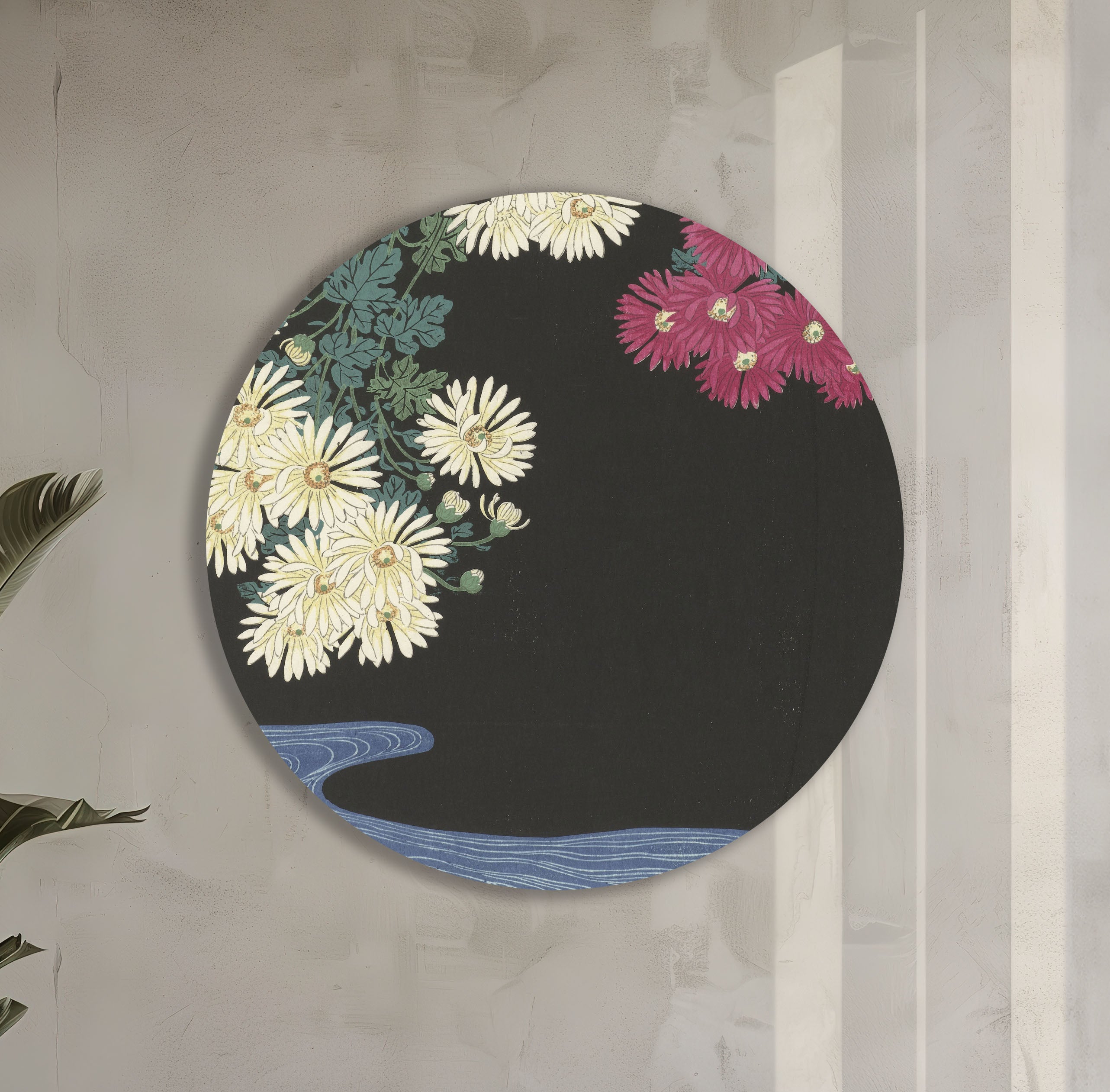 Chrysanten en stromend water muurcirkel Ohara Koson