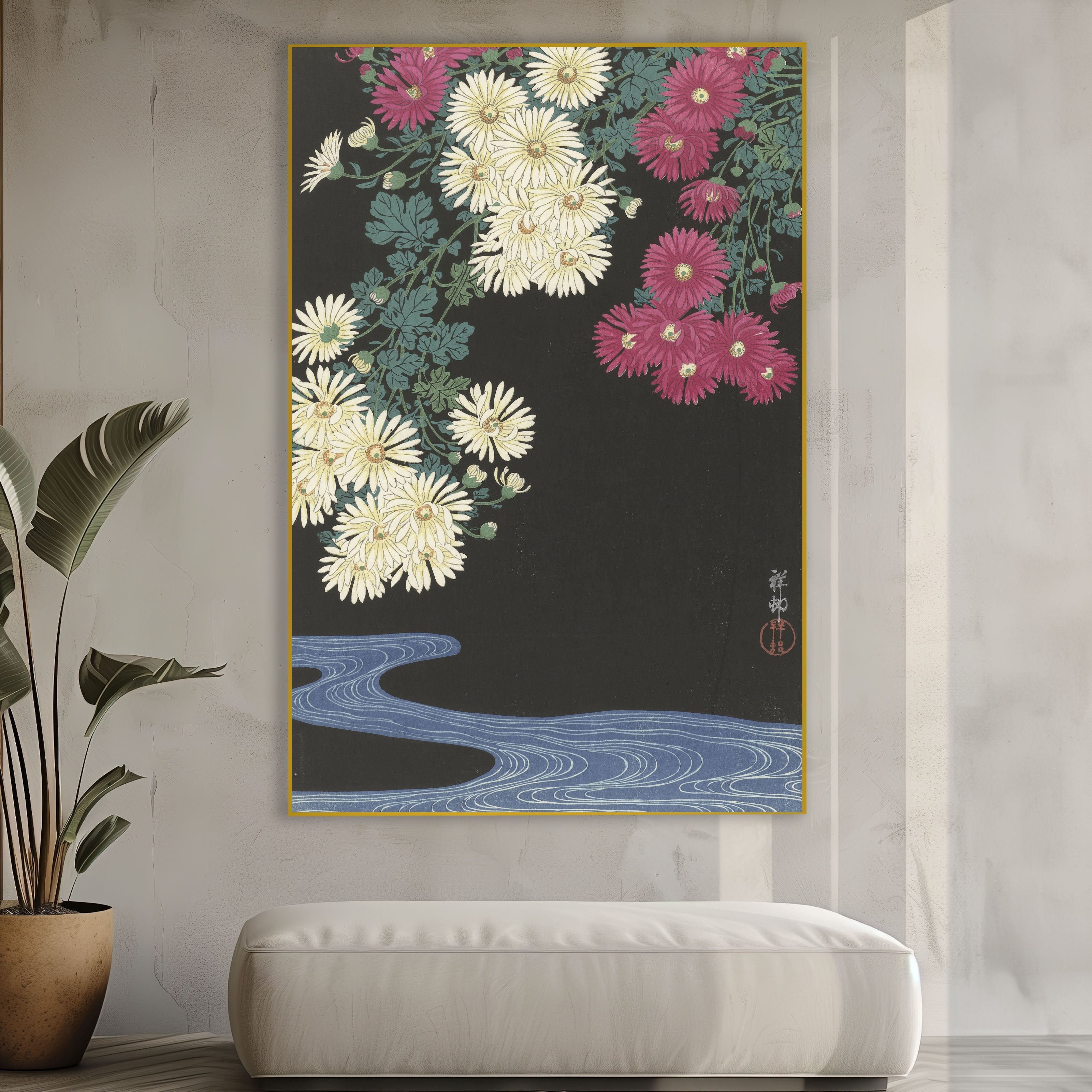 Chrysanten en stromend water Ohara Koson