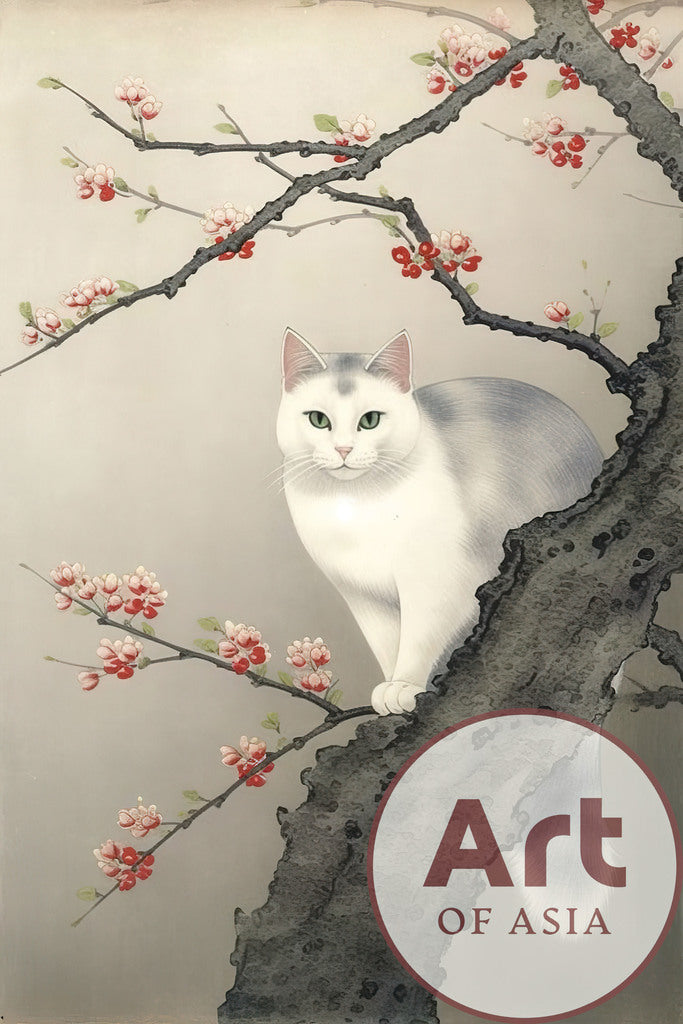 kat in kersenbloesem boom poster